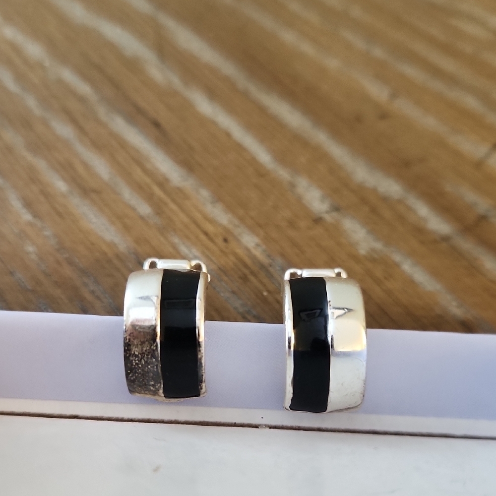 Black and Silver Tone Clip-On Hoop Earrings